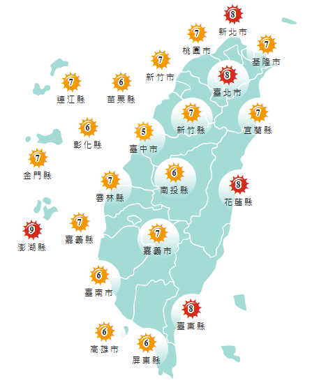 氣象署發布各地紫外線指數預報概況。   圖：氣象署提供