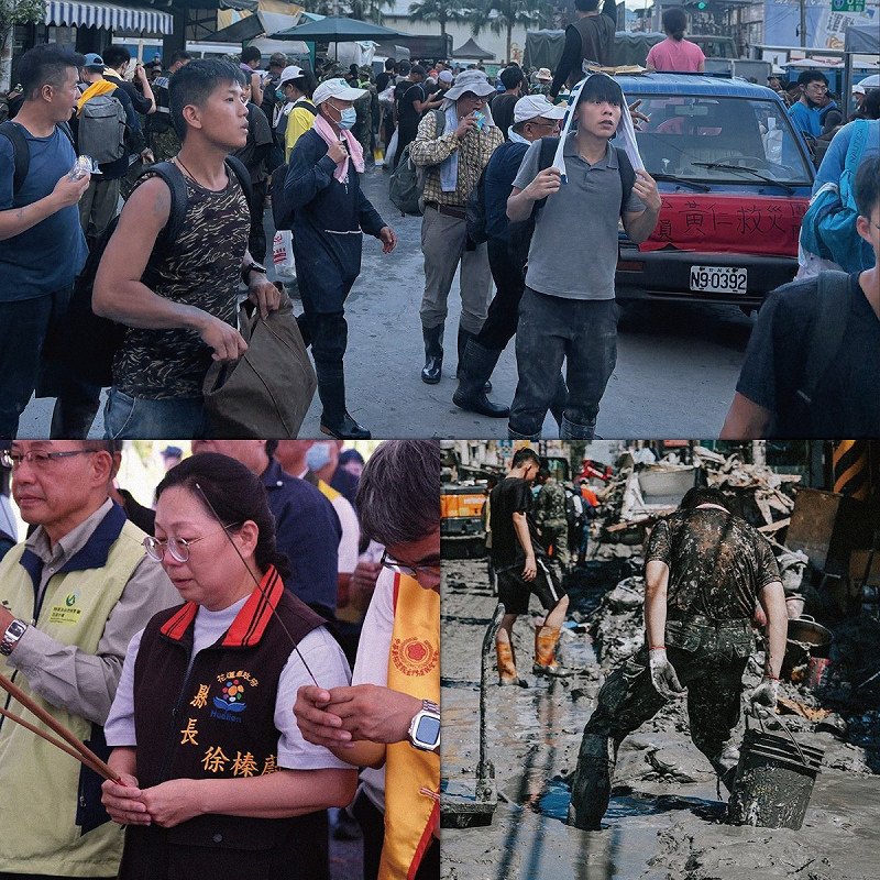 張育萌痛批，鏟子超人和國軍挺進部落的同時，徐榛蔚帶著花蓮縣府和國民黨立委們，演出「平時時空」的災區日常。   圖：取自張育萌臉書