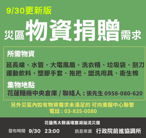 消防署指出，目前災區仍有物資需求，列出11項所需物資。   圖：取自消防署臉書