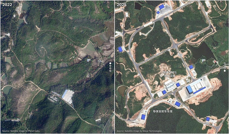 衛星資料顯示，中國火箭軍611旅基地面積擴至原來的兩倍，配備近40個發射台。   圖：翻攝「X」@JohnDeHen