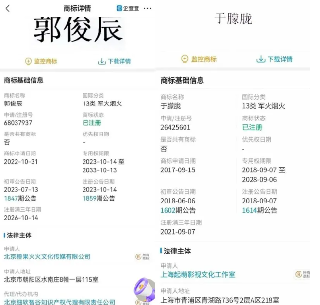 郭俊辰名下的公司「北京橙果火火文化傳媒有限公司」，商標分類在第13類軍火煙火，懷疑他的名字也被拿去利用開人頭公司。   圖：翻攝自微博