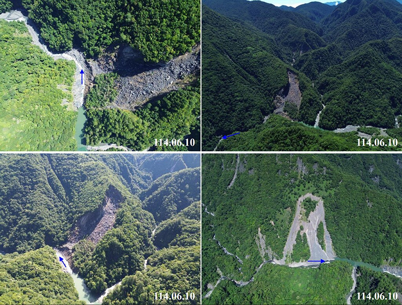 新竹泰崗溪堰塞湖已呈現穩定溢流狀態；上游又有砂石匯入，可能使湖體逐漸縮小（藍色箭頭為水流方向）。   圖：林保署新竹分署/提供