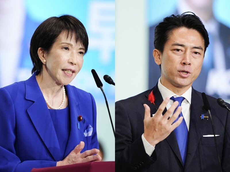 日本自民黨總裁選舉4日登場，高市早苗（左）和小泉進次郎（右）將進入第二輪投票對決。（共同社）   