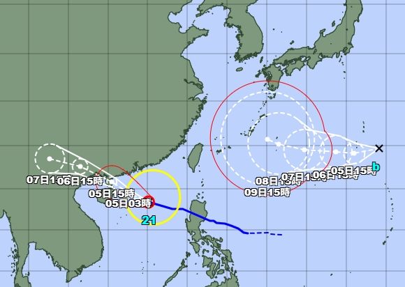 日本氣象廳發布烈風警報，東南海面熱帶低壓恐於24小時內生成第22號颱風「哈隆」，朝西北移動。   圖：翻攝自日本氣象廳　網站