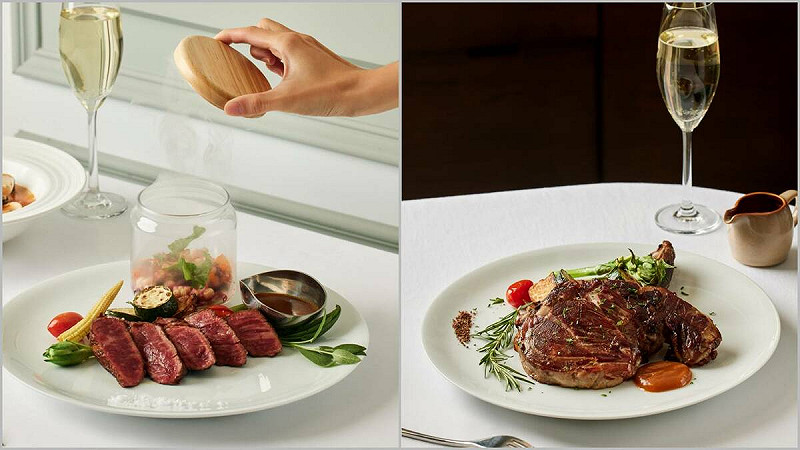  左「橡木煙燻蔬菜搭配日本A5和牛扇子肉」; 右「首席珍藏戰斧豬排」。圖：大米義式廚房/提供