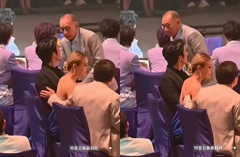 活動中一段畫面引發爭議：成龍被拍到伸手碰觸容祖兒背部，部分網友質疑舉止不妥。甄妮看完影片後直批，「這場晚會就像一面照妖鏡，台上台下的每張嘴臉都冷血得可怕」。 圖:翻攝自X帳號@58cB4AdDMjKCsOJ