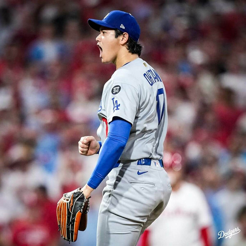 MLB道奇隊4日以5比3險勝費城人隊，先發投手大谷翔平6局9K獲勝投。（圖取自x.com/Dodgers）   