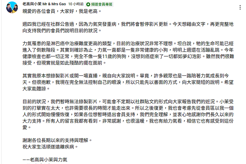 老高在會員頻道專區發文感謝粉絲支持，坦言小茉受重創需時間療傷，復更將以個人形式進行，並將祝福轉達給力氣。   圖：翻攝自「老高與小茉」　YT頻道