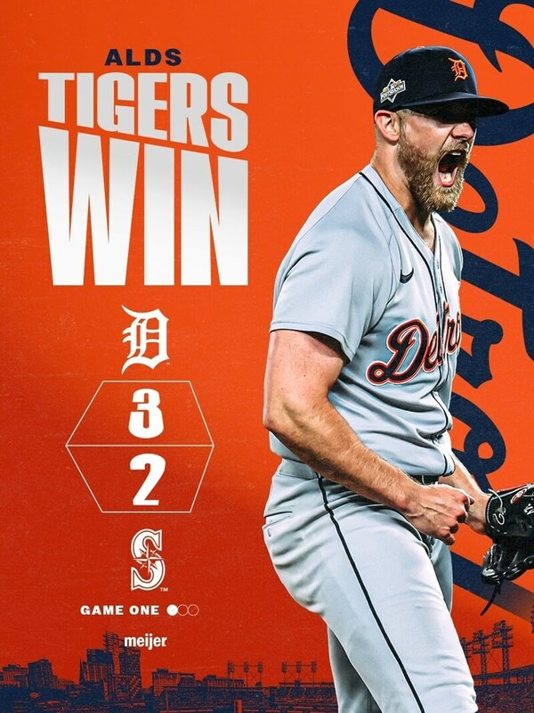 MLB季後賽，底特律老虎4日以3比2擊敗西雅圖水手，贏得5戰3勝制系列賽首場勝利。（圖取自x.com/tigers）   