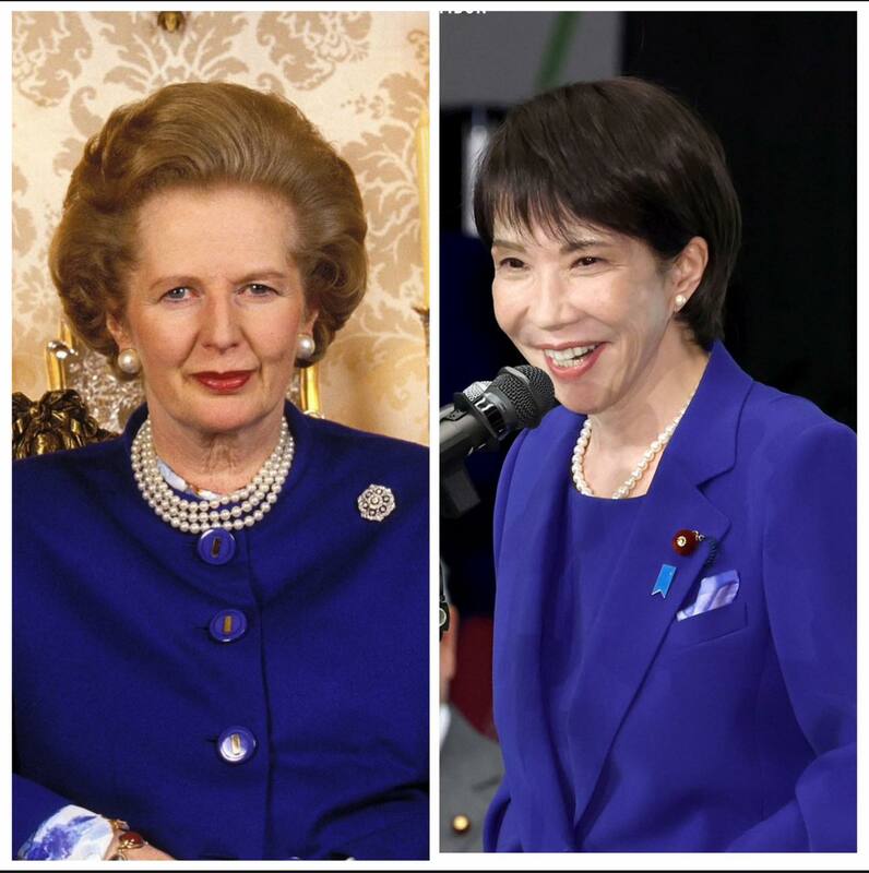 高市早苗(右)與她最尊敬的政治家—英國前首相柴契爾夫人(左)。   圖: 翻攝自矢板明夫俱樂部FB