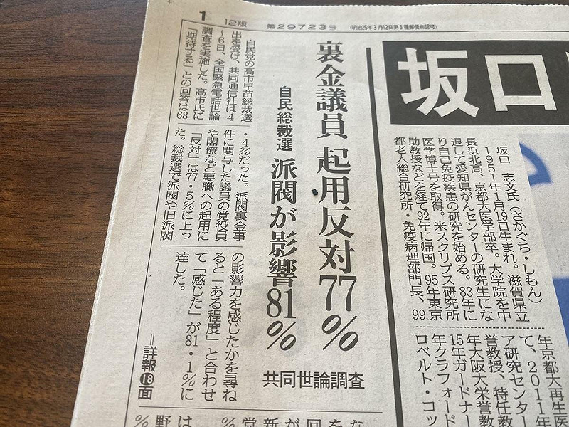  國民近八成反對起用裏金議員，但高市因為選舉被幫忙灌票，因此只能多用。 圖：攝自東京新聞 