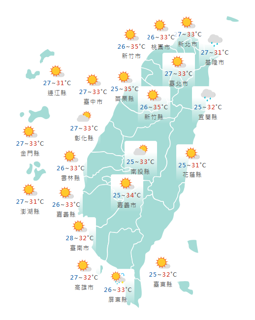 氣象署公布各地天氣預報概況。   圖：氣象署提供