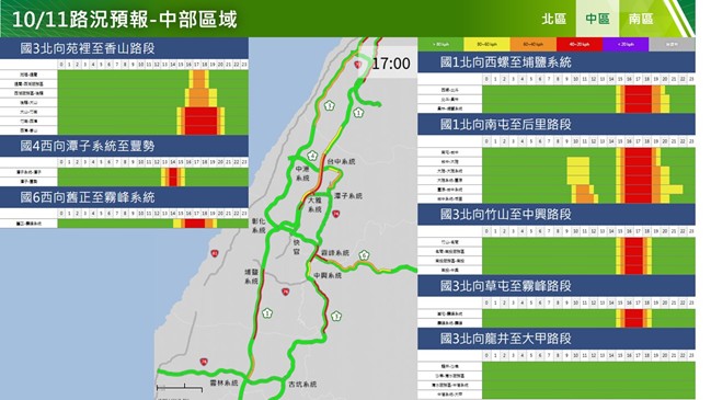 10月11日國道中部地區易壅塞路段。   圖：高公局／提供