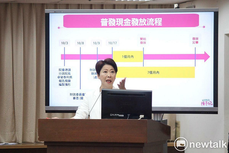 立法院審查「中央政府因應國際情勢強化經濟社會及民生國安韌性特別預算案」，立法委員陳亭妃特別針對「普發現金1萬元」的進度與時程提出質詢，除了對內希望立法院協商盡快完成三讀，對外也向行政團隊呼籲「每一個環節與時間都不能有差錯」。   圖：陳亭妃服務處提供