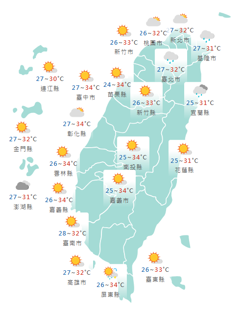 氣象署公布各地天氣預報概況。   圖：氣象署提供