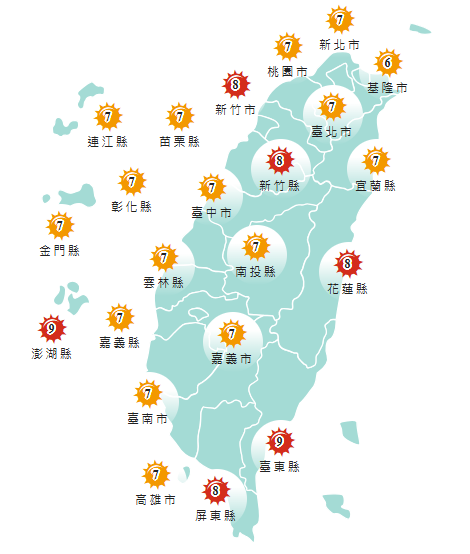 氣象署發布各地紫外線指數預報概況。   圖：氣象署提供