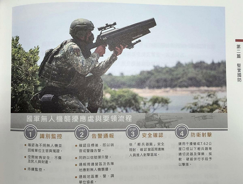 面對中共無人機襲擾，114年國防報告書訂定4步驟面對無人機襲擾應處與要領流程。   圖：翻攝自114年國防報告書