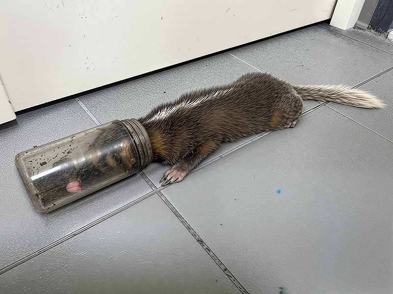 一隻鼬獾疑似為補食玻璃瓶中的昆蟲，將頭伸進玻璃瓶中，卻不慎被瓶口卡住。   圖：新北動保處／提供