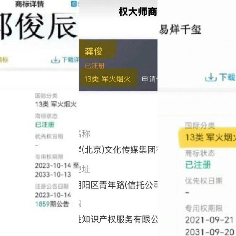 有網友發現，郭俊辰、龔俊、易烊千璽等人名下的公司，商標也被分類在軍火類。   圖：翻攝自微博