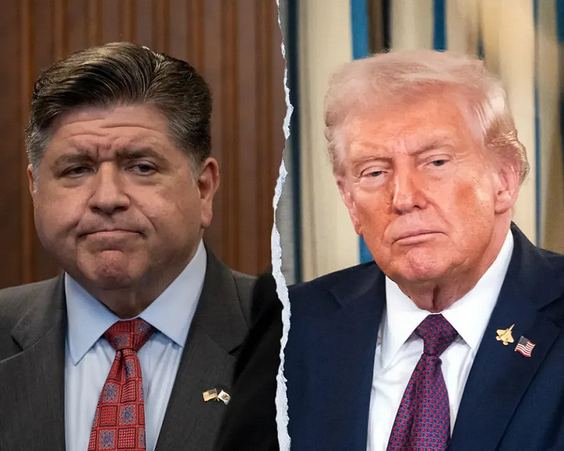 伊利諾州州長普利茨克（J.B. Pritzker）與美國總統川普隔空砲轟對方。   圖：翻攝自騰訊新聞@直新聞