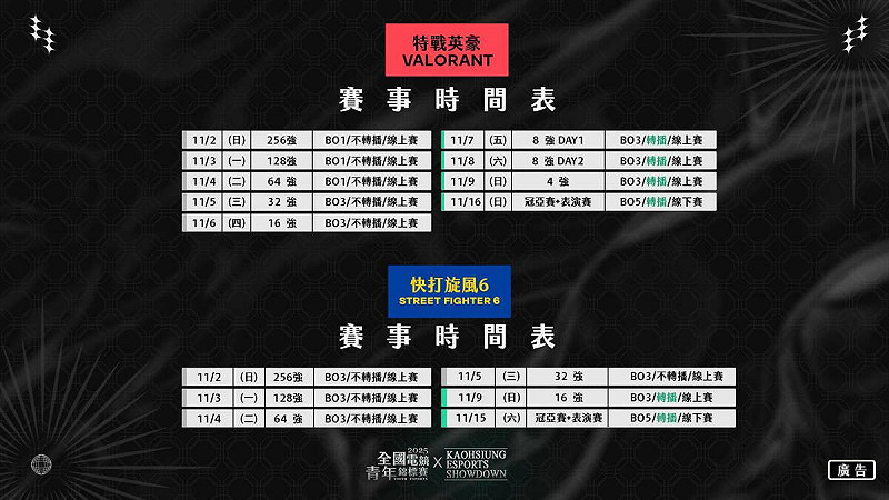 原有的《特戰英豪》及新增2026名古屋亞運項目《快打旋風6》賽事時間表。 圖:高雄市青年局/提供
