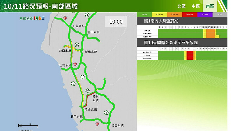 10/11國道南區南向路況。 圖:高公局/提供