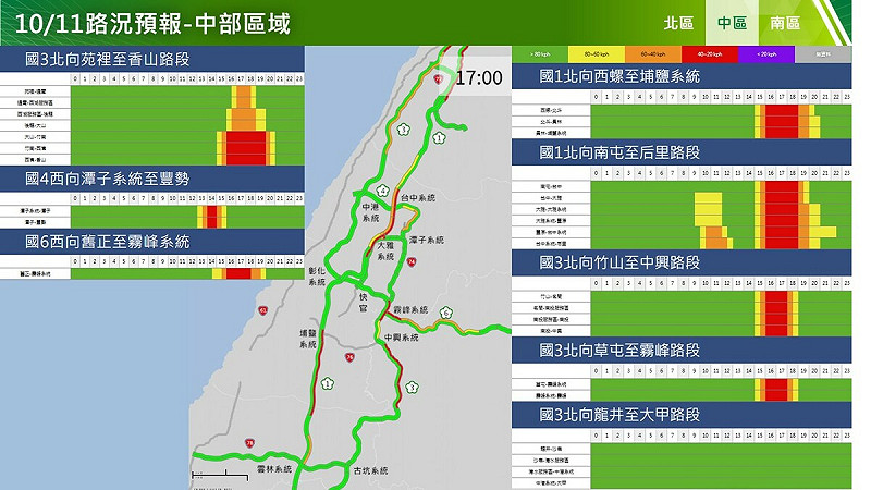 10/11國道中區北向路況。 圖:高公局/提供