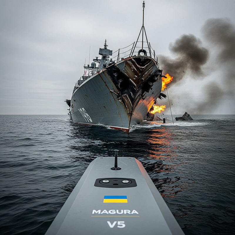 烏軍MAGURA V5海上無人機成功擊沉俄羅斯黑海艦隊的「伊萬諾維茨號」（Ivanovets）護衛艦。   翻攝自：X  @OlenaRohoza
