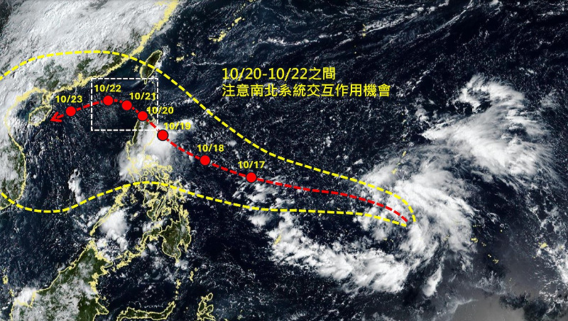 關島南方海域的熱帶擾動96W，未來可能增強為今年第24號颱風「風神」，且有共伴效應發生機會。   圖：天氣職人吳聖宇臉書
