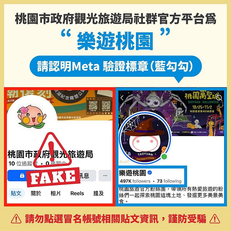 桃園市觀光旅遊局在臉書也遭冒名出現假粉絲專頁。 圖:翻攝自樂遊桃園