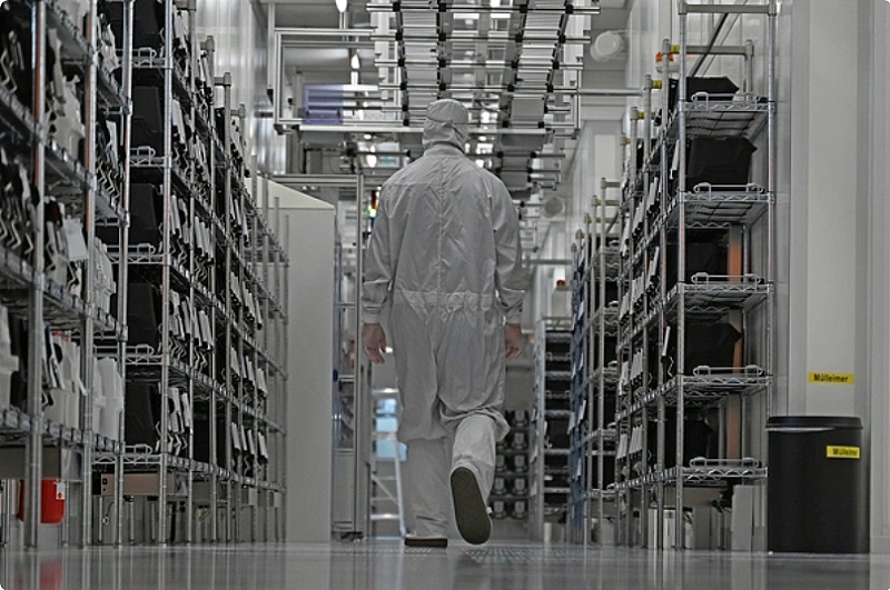 安世半導體的一名員工走過該公司的潔凈室。   圖：翻攝自騰訊網