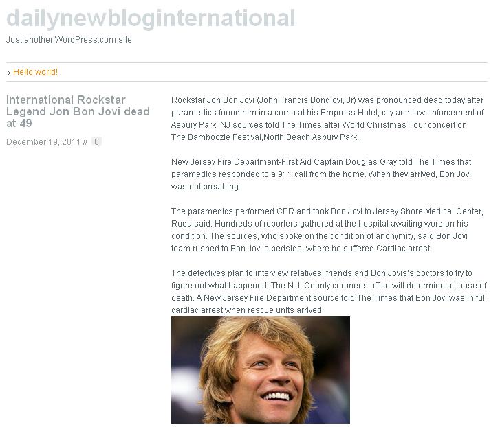 名為「國際每日新部落格」（Dialy new blog international）的網站，19日報導搖滾巨星邦喬飛去世的烏龍消息。圖片來源：翻攝自網路。   