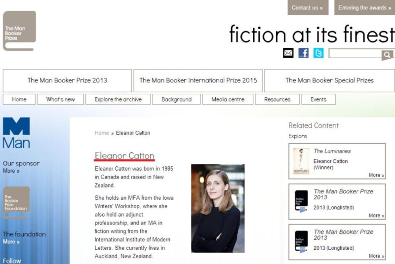 紐西蘭作家卡頓（Eleanor Catton）今天以小說「發光體」奪下當代英語小說界最重要獎項「布克獎」（Man Booker Prize），年僅28歲的她成為布克獎最年輕得主。圖片來源：布克獎官方網站。   
