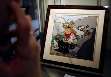 比利時漫畫家艾爾吉（Herge）所畫的《丁丁在美洲》（Tintin in America）封面畫，2日在巴黎拍賣，以130萬歐元（約4840.4萬台幣）新高價成交。圖片來源：翻攝自網路。   