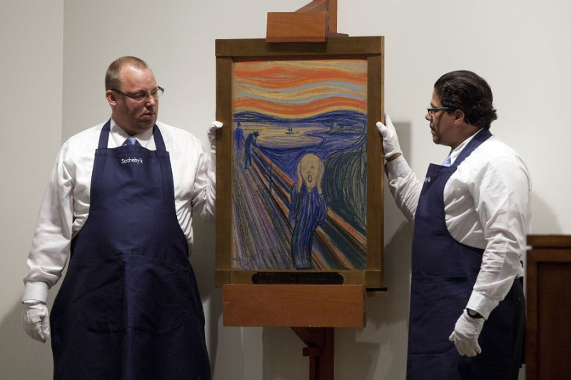 世界經典名畫作孟克（Edvard Munch）的「吶喊」（The Scream），2日晚間在紐約蘇富比拍賣會上進行拍賣。圖片來源：達志影像/路透社。   