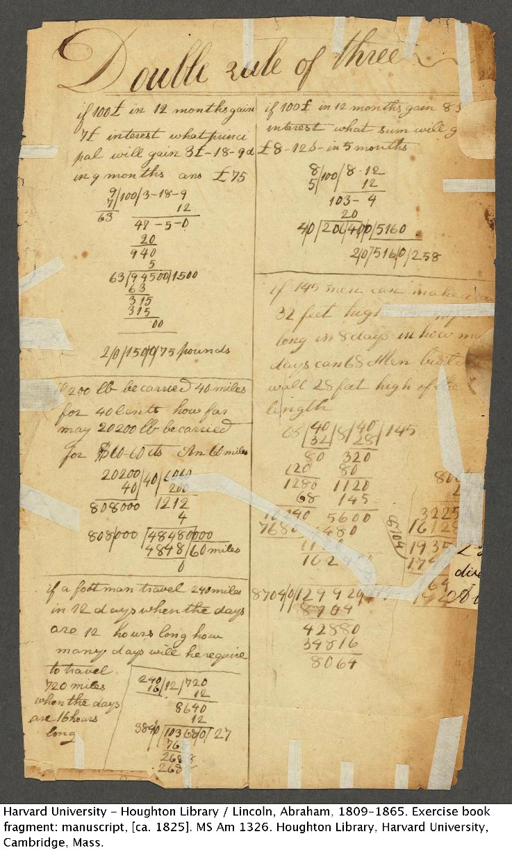 哈佛大學─霍頓圖書館/ 亞伯拉罕‧林肯, 1809-1865. 練習本部分頁面：手稿, [ca. 1825]. 索書號：MS Am 1326.   
