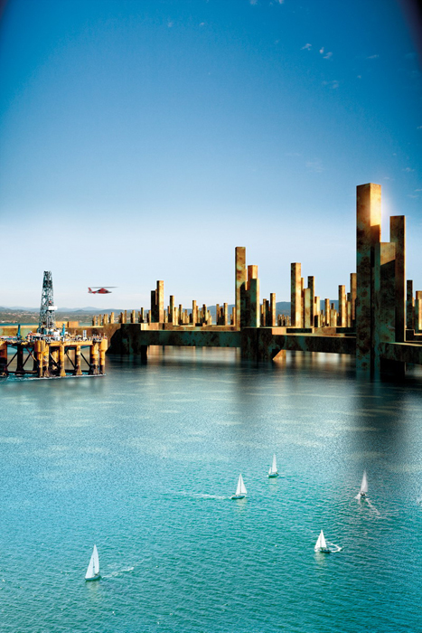 「此時∞彼時」3D立體攝影科技中的「彼時」─水之城鎮。圖片來源：高雄美術館提供。   