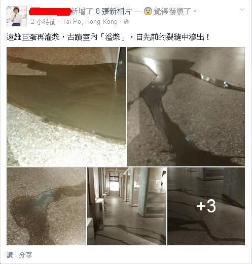 該網友在臉書Po出數張松菸古蹟內的溢漿照片。圖：翻攝臉書   