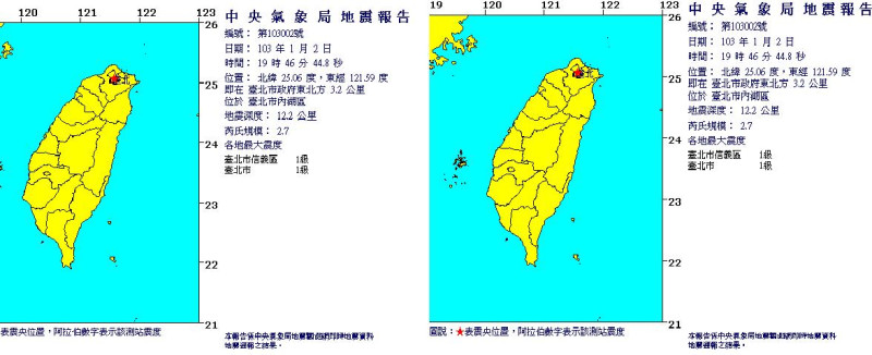 根據中央氣象局資料顯示，今(2)晚7時44分和7時46分連續發生芮氏規模3.2和2.7的地震，震央都在台北市內湖區。圖：中央氣象局地震中心/新頭殼合成   