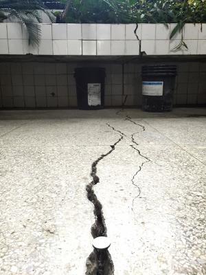 昨天頻繁的地震造成松菸建物的裂縫加大，北市文化局今(21)日向地檢署告發遠雄。圖：中央社   
