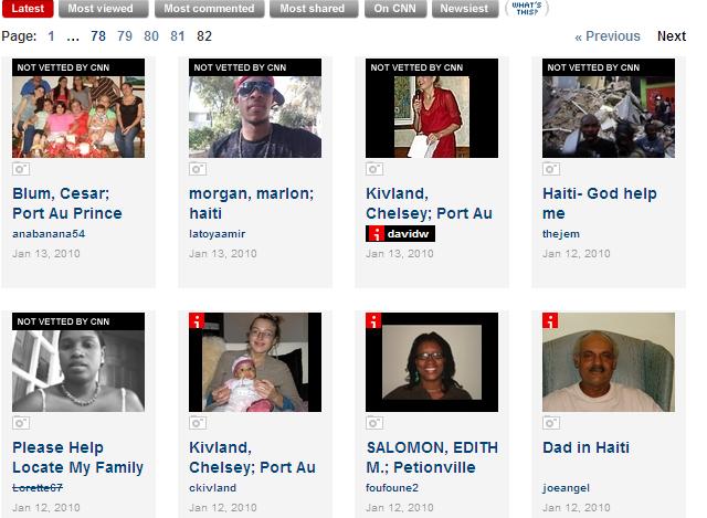 在CNN網站iReport的海地尋人專區裏，要求網友把失聯親友的照片貼出來，短時間立即湧入近千筆資料。圖片來源：擷取自CNN網站   