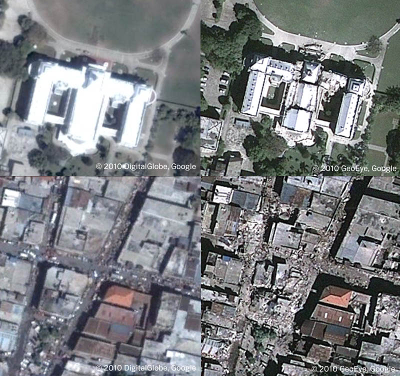 Google在網站上公布海地太子港地區地震前後的衛星地圖，左圖為地震發生前的太子港，右邊清晰的畫面，可以看出地震後當地斷垣殘壁的景況。圖片來源：Google官方部落格   