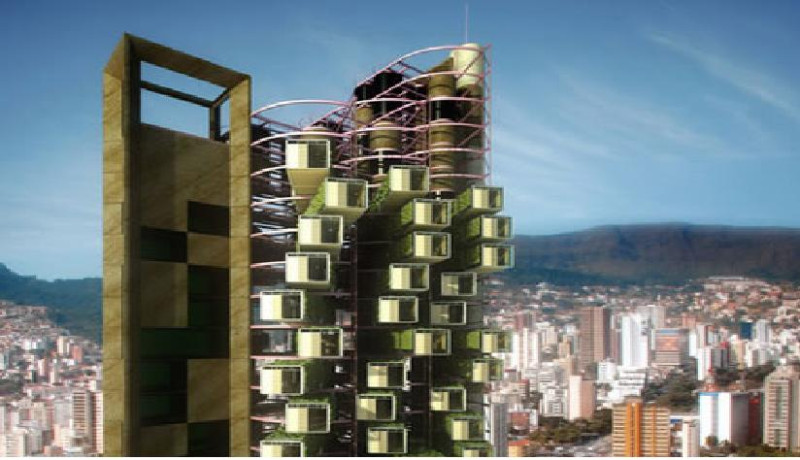 巴西建築師所設計的「行動房屋」。將摩天大樓分割成許多的架子，而一個個的架子上可以放入「行動房屋」。圖片來源：拍攝自Greenlaunches.com。   