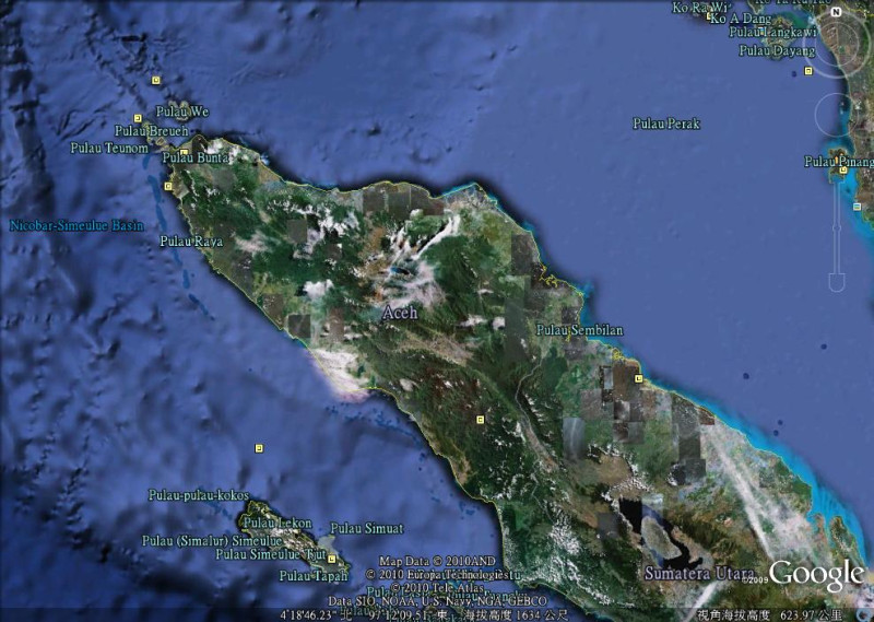 印尼亞齊省（Aceh）今（9）日中午發生規模7.2強震今天襲擊亞齊省（Aceh），目前印尼官方已發布海嘯警報。圖片來源:Google earth   