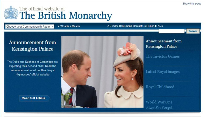 英國王室今天宣布好消息，威廉王子的嬌妻凱特懷了第二胎。圖片來源：英國王室官方網站首頁。   