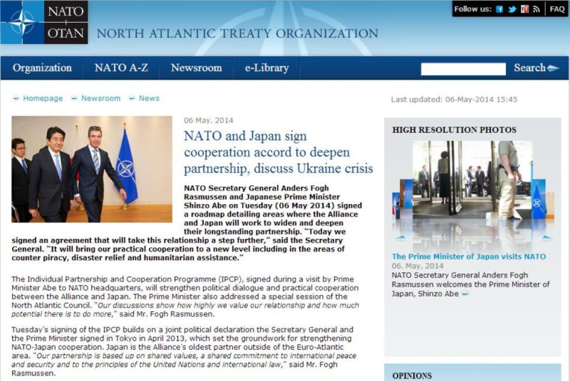 根據北大西洋公約組織網站的官方新聞稿報導，北約(NATO)與日本簽署了具體藍圖，明確標明雙方未來將加深加廣彼此長期合作夥伴關係的確切領域。圖片來源：翻攝自NATO官方網站。   