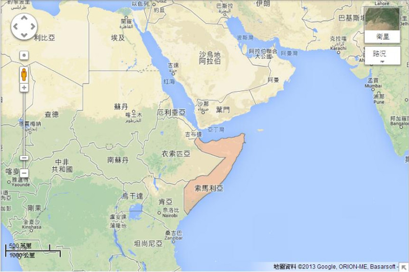 聯合國人權事務高級專員辦公室19日發表聲明，對索馬利亞政府近日發佈的一份媒體法草案可能限制言論自由表示關切。圖為索馬利亞地圖。圖片來源：Google Map。   