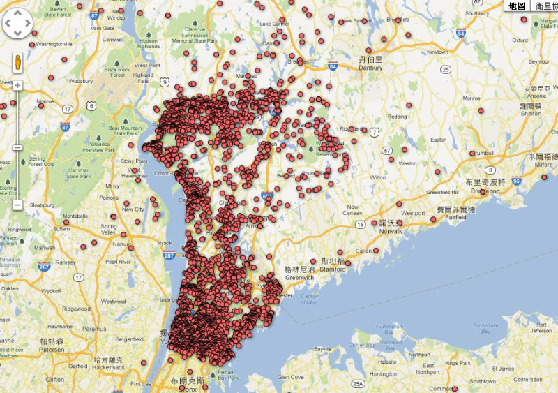 美國地方媒體《新聞報》（The Journal News）週三（26日）刊登了數千名紐約市內3個小鎮的槍枝擁有者姓名與住址，報導透過Google地圖的定位功能，將所有槍枝擁有者的住址標籤在地圖上，引來不少批評。圖片來源：翻攝自網路。   