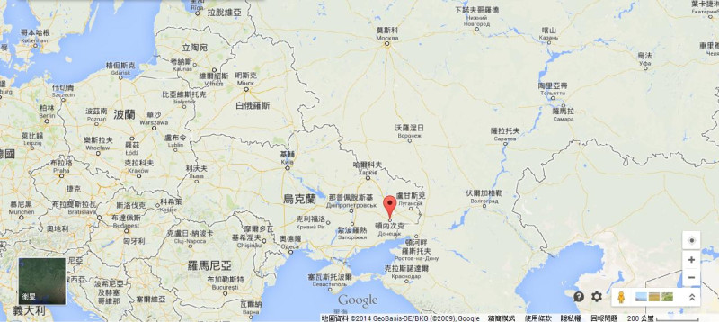 隨著烏克蘭政府站穩腳步，盤踞該國東部的叛軍也日益窘迫。圖上紅點為烏克蘭東部頓次內克。圖片來源：Google Map。   