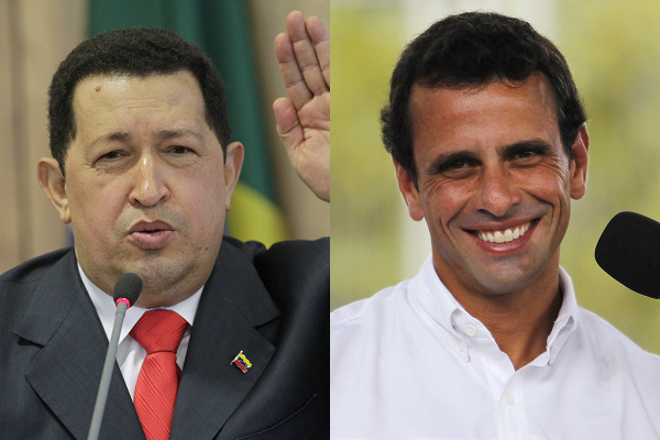 委內瑞拉7日舉行總統大選，反對派候選人卡普瑞爾斯（圖右）來勢洶洶，讓反美色彩濃厚的現任總統查維茲（圖左）陷入苦戰。圖片來源：達志影像/路透社   